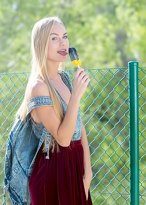 Nancy A gets naked outdoors and cools off her slim body with a chocolate popsicle