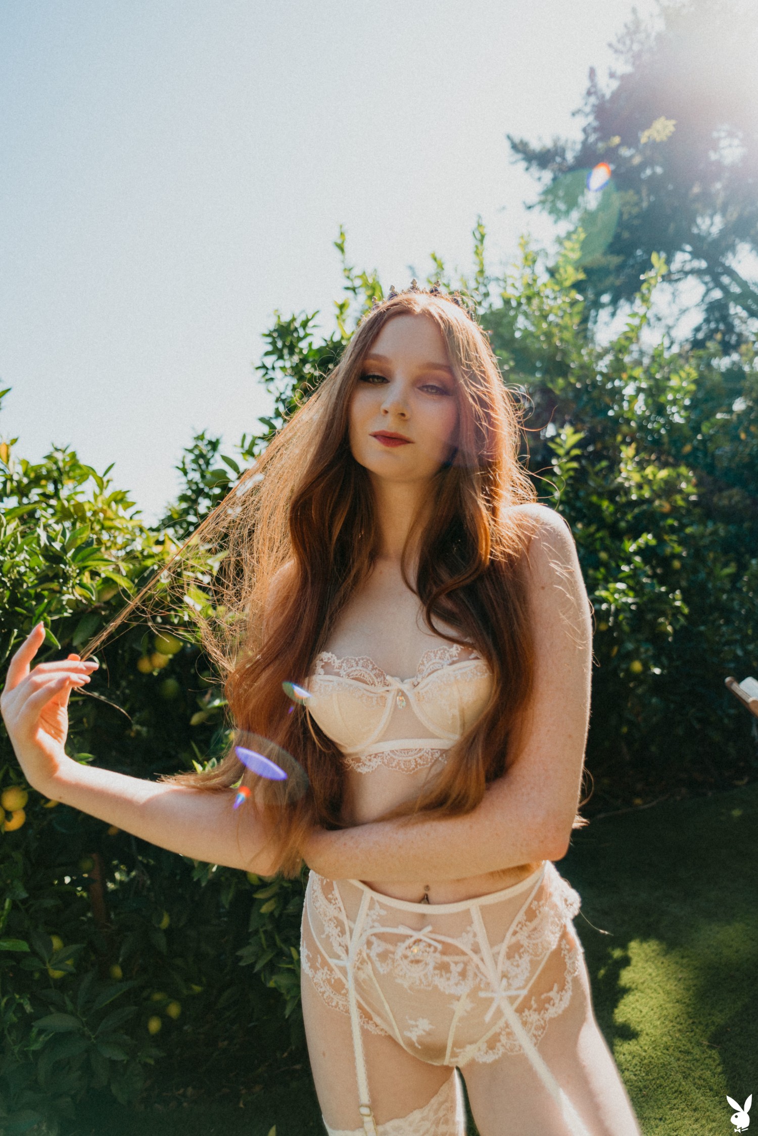 Jessica Lynette Brooks Bares Her Freckled Skin In Lace Lingerie Amid A Sunlit Garden Posing Solo