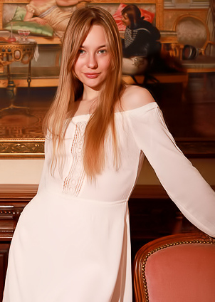 Kennedy Gracefully Perches On Antique Chair Spread Legs Teasing With Naughty Grin